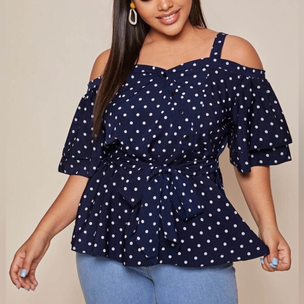 Open shoulder polka dot belted blouse